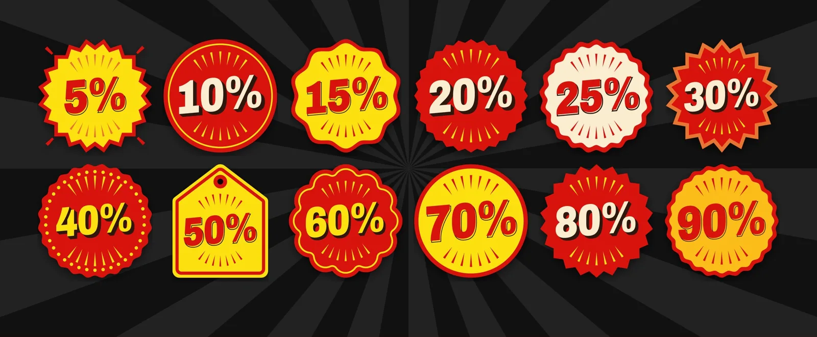 Twelve retro sale badges from 5 to 90 percent off on a dark background