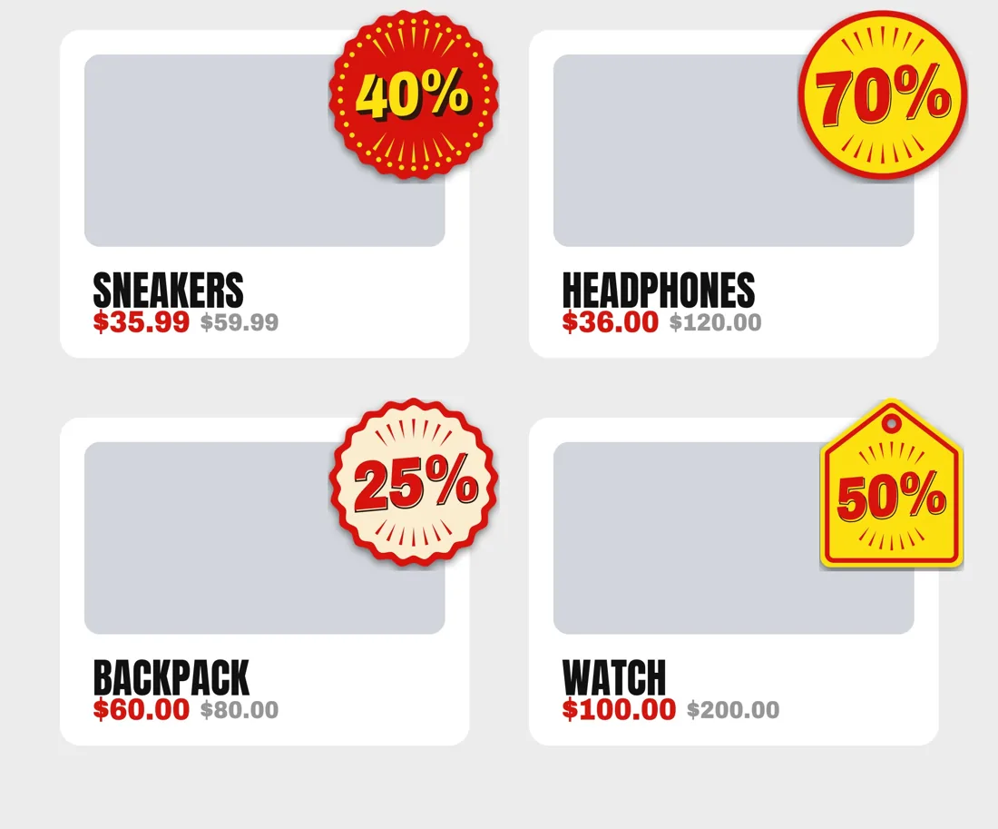 Product cards with sale badges in the corner